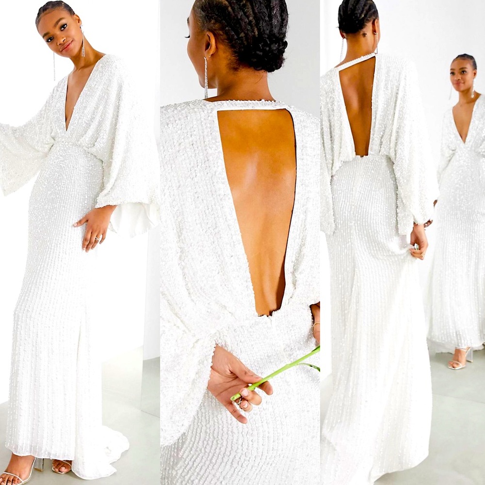 ASOS White Sequin Deep V Backless Wedding Dress